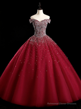 Best For You Burgundy Ball Gown Tulle Off the Shoulder Beading Sequins Quinceanera Dress